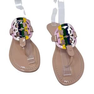 TORY BURCH Tan Beige Miller Sandal Flip Flop with Rainbow Stripe Logo